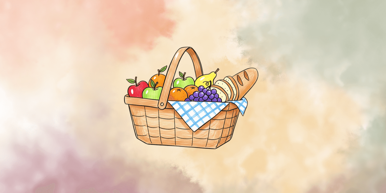 Picnic basket with fruit and bread.